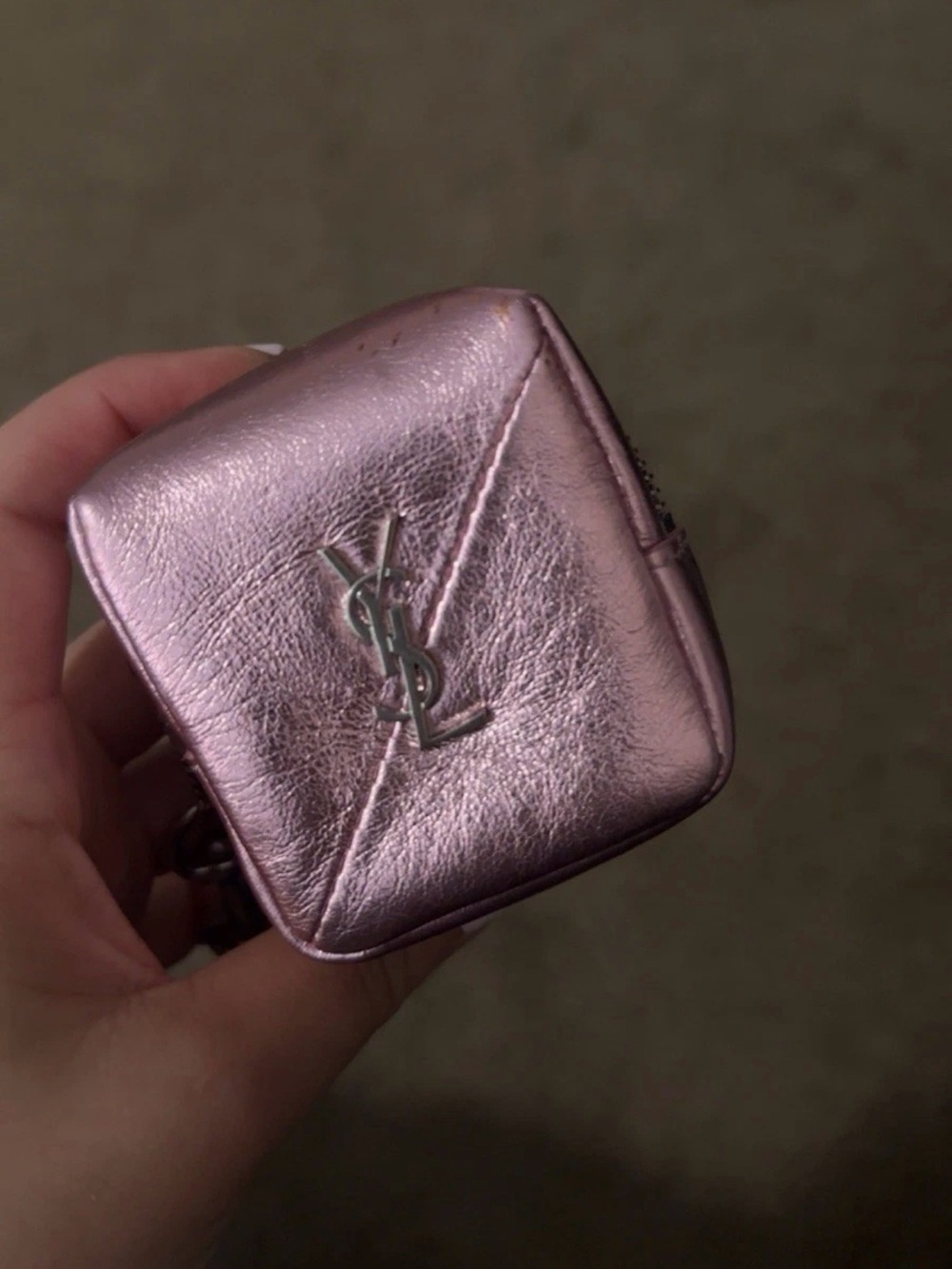 Saint Laurent YSL Jamie Cube Charm Pouch In Lamé Leather Metallic Pink - Picture 5 of 10